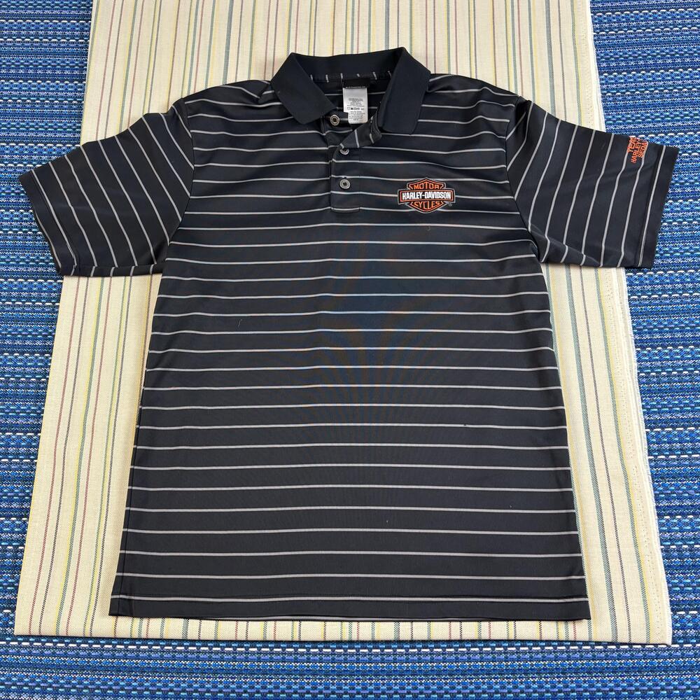Harley-Davidson Polo Shirt Mens Medium Black Stripe Yeager's Sedalia MO EUC - Picture 2 of 9